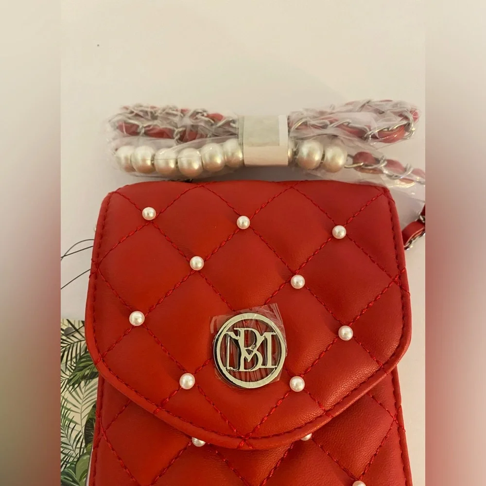 NWT Badgley Mischka‎ Red Phone Bag Crossbody Pearl Accents
